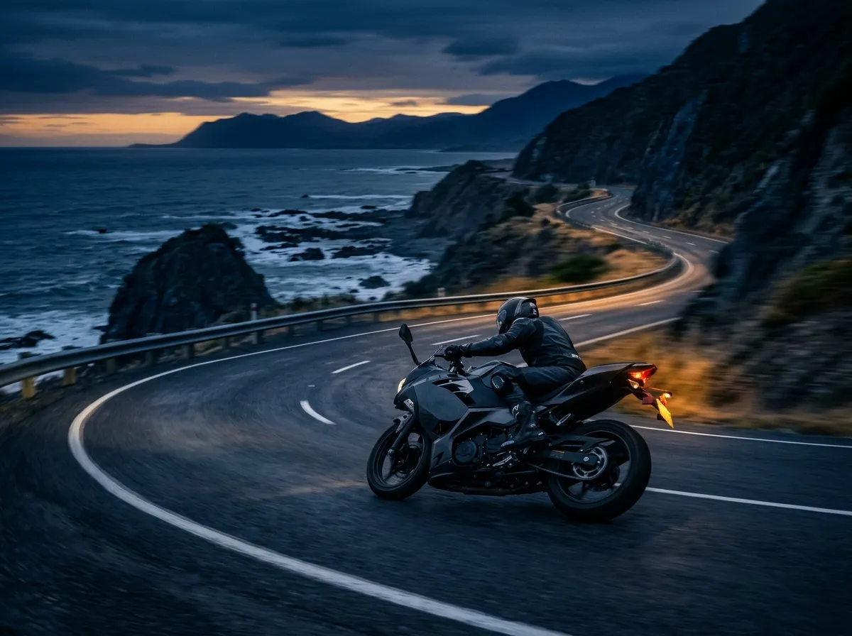 Sport motorbike parked on a city street at dusk