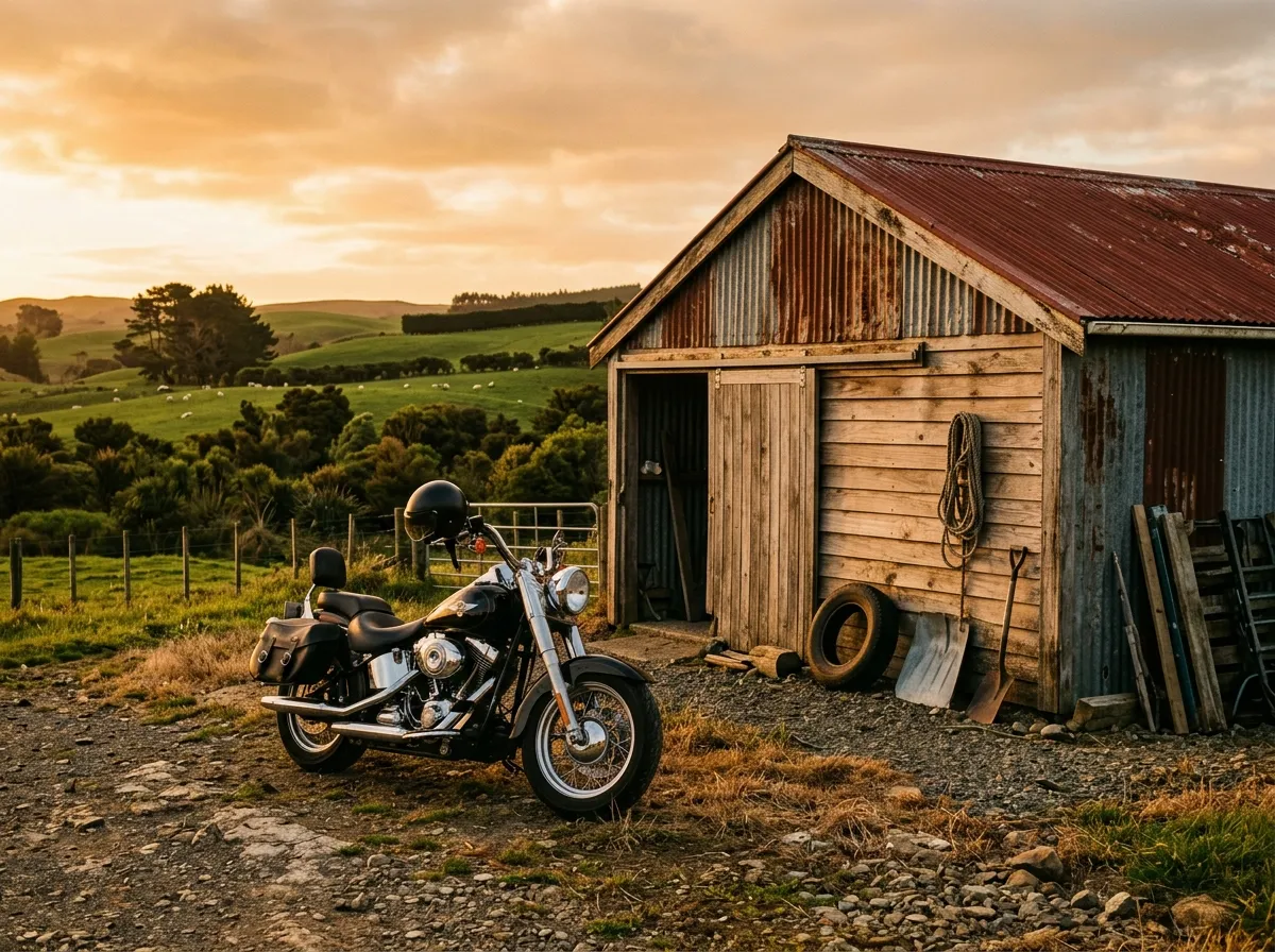Cruiser motorbike parked on an open road at golden hour