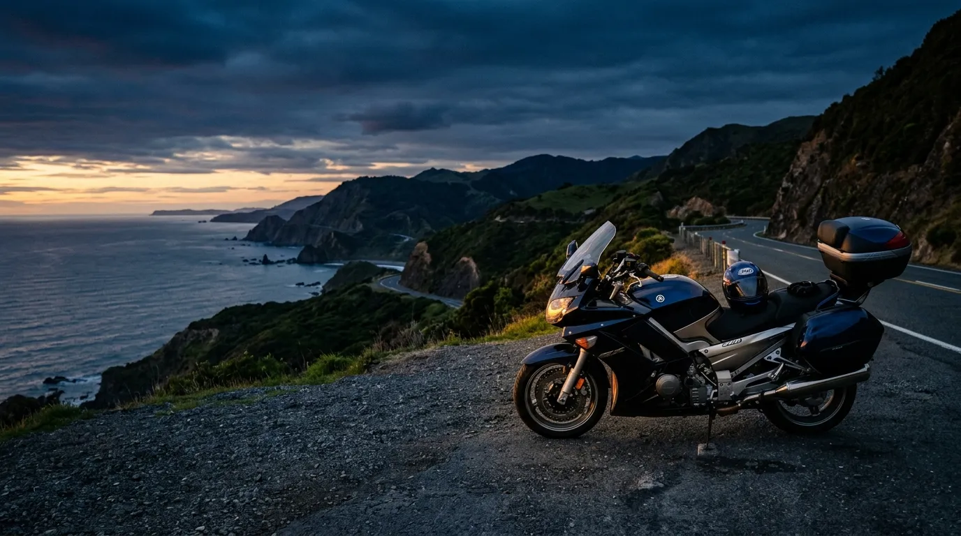 Motorbike rider leaning into a corner on an open New Zealand road