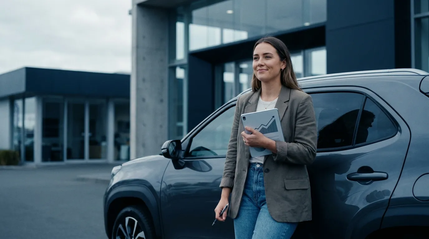 A confident young Kiwi professional standing beside a modern compact SUV at a New Zealand dealership