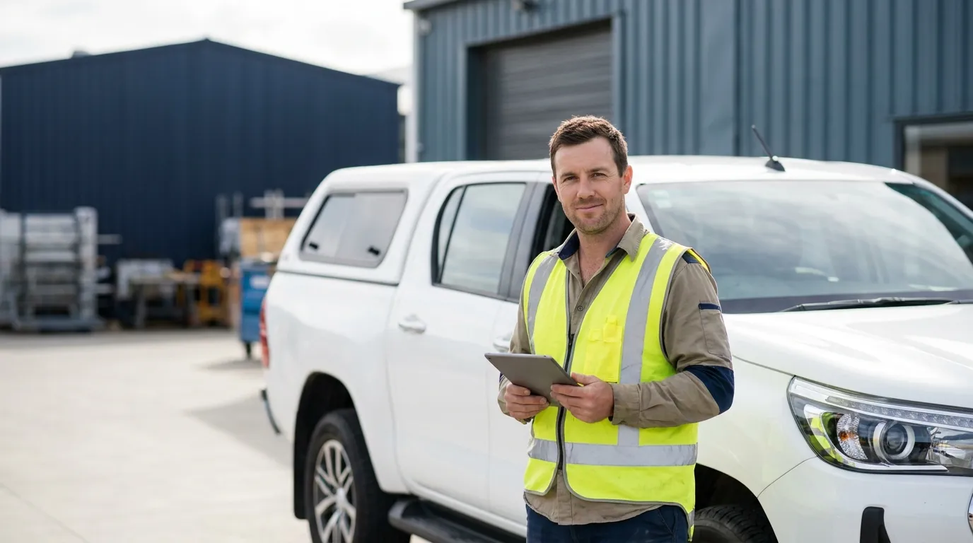 A self-employed Kiwi tradie standing beside a white work ute at a New Zealand worksite, holding a tablet