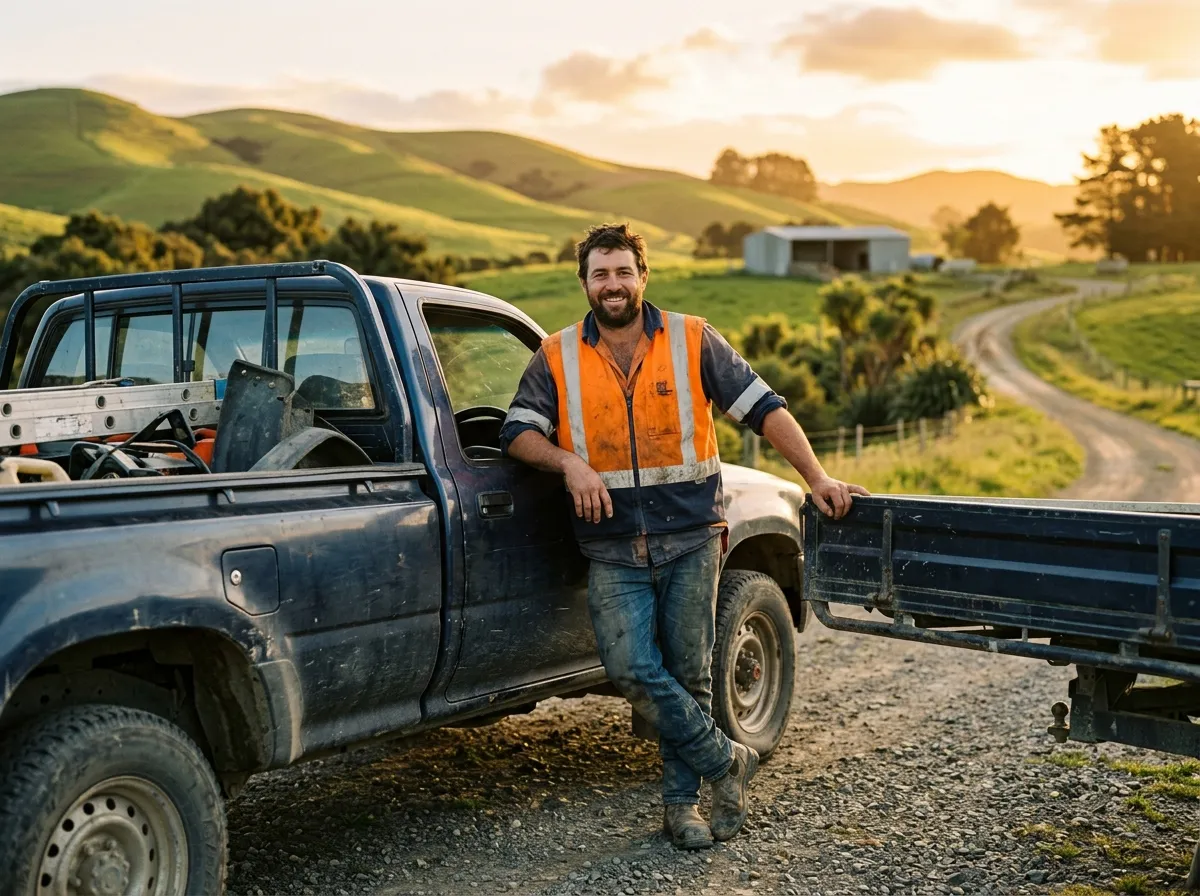 Self-employed tradie beside a work ute in rural New Zealand