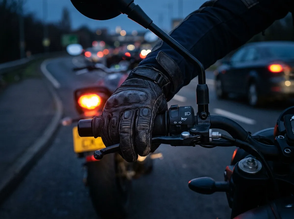 Rider beside a parked motorbike, considering finance options