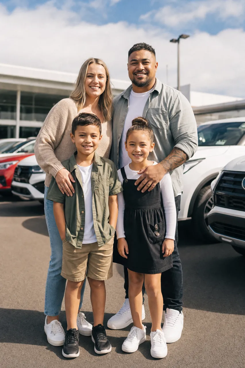 A New Zealand family standing together at a car dealership